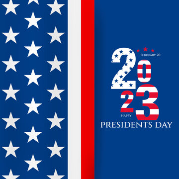 Wall Mural - Happy Presidents Day greeting card, sale flyer, banner, poster with american flag 2023 number.  Presidents day holiday in USA.  Patriotic calligraphy on color background. Vector illustration