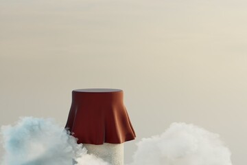 Poster - a round podium for placing goods or text covered with a brown cloth against a background of clouds. 3D render