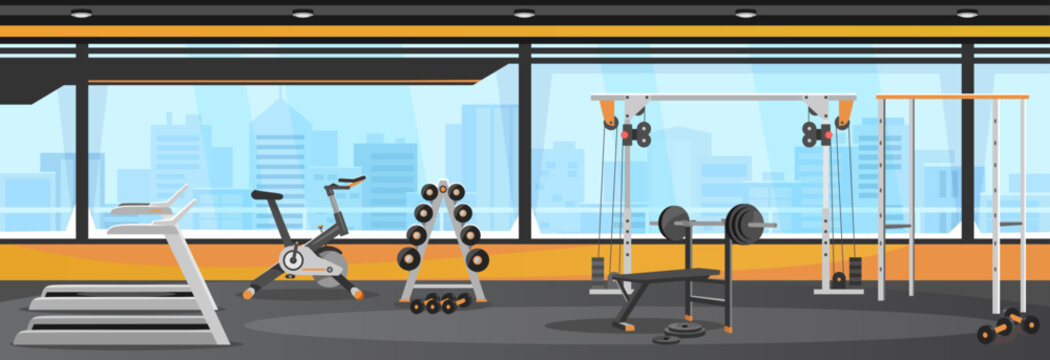 Wall Mural - Modern gym interior design with machines and free weights. Fitness center illustration with training equipment: treadmill, cycle, bench, dumbbells, barbell, crossover. Cartoon style vector background.