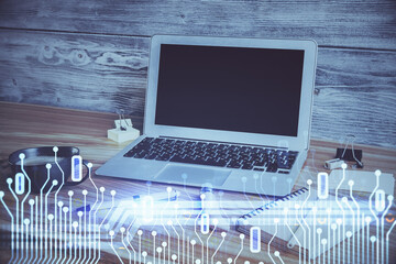 Aufkleber - Double exposure of desktop with personal computer on background and tech theme drawing. Concept of Bigdata.