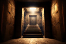 A Hidden Chamber With Hieroglyphics On The Walls Inside An Egyptian Pyramid Is The King Tut Tomb. Conceptual Artwork For Backdrops And Wallpapers Of Egyptian Royal Tomb Interiors. Using Only Natural L