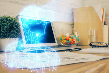 Poster - Computer on desktop with AR theme icon. Multi exposure. Concept of augmented reality.