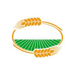 Sticker - Cereal ear and spike icon of wheat, rye, barley, rice and millet of agriculture crop plants. Vector farm field in frame of wheat ears, rye spikes or barley spikelets wreath with ripe grains and seed