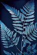 Shades of Blue Cyanotype Print with Ferns and Delicate Leaves. Generative ai
