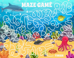 Poster - Labyrinth maze cartoon underwater landscape and animals. Kids vector board game worksheet with dolphin, octopus, puffer fish and crab on seafloor with corals and seaweeds. Educational children riddle
