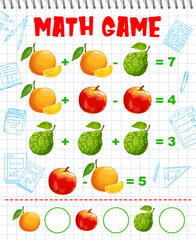 Poster - Orange, bergamot and peach fruits math game worksheet, education maze. Cartoon vector mathematics riddle for children counting skills development. Addition and subtraction examples for kids