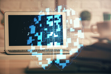 Poster - Multi exposure of desktop computer and technology theme hologram. Concept of software development.