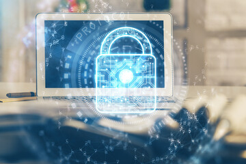 Poster - Double exposure of desktop with computer and lock icon hologram. Concept of data safety.