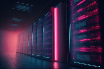 Poster - picture of a data center with many rows of active server racks. database concept, cloud computing, a