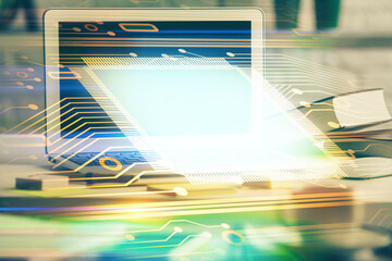 Poster - Multi exposure of desktop computer and technology theme hologram. Concept of software development.