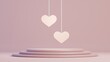 3d render of two hanging hearts over round platforms set in pink colors