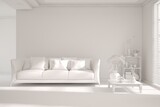 Fototapeta Panele - Mock up of minimalist living room in white color with sofa. Scandinavian interior design. 3D illustration