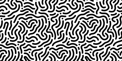 Black and white line doodle seamless pattern. Creative minimalist style art background, trendy design with basic shapes. Modern abstract monochrome backdrop.