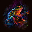 Isolated frog with guitar on leaves. Generative AI.