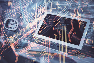 Aufkleber - Computer on desktop in office with technology theme hologram. Multi exposure. Tech concept.