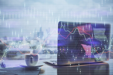 Aufkleber - Financial chart drawing and table with computer on background. Multi exposure. Concept of international markets.