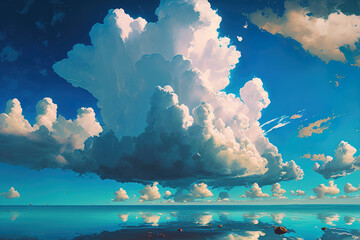 clouds in the sky and a blue sea. Generative AI