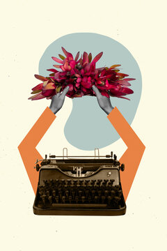 Banner poster collage of weird strange typewriter hold hands bunch bouquet flowers typing exotic march gift