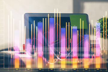 Poster - Financial chart drawing and table with computer on background. Multi exposure. Concept of international markets.