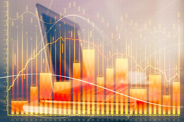 Aufkleber - Financial chart drawing and table with computer on background. Multi exposure. Concept of international markets.