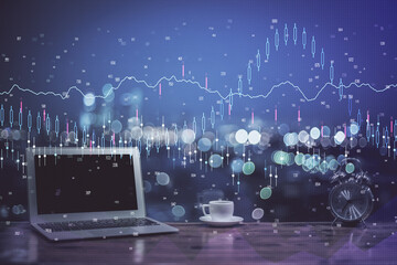 Poster - Financial chart drawing and table with computer on background. Multi exposure. Concept of international markets.