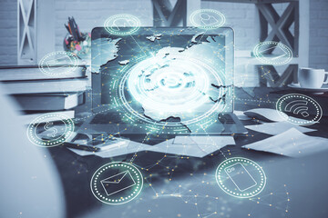 Aufkleber - Computer on desktop with social network theme icon. Multi exposure. Concept of international connections.