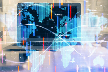 Poster - Multi exposure of business theme icons and table with computer background. Concept of success.