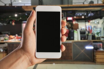 Canvas Print - Customer hands using phone with a blank screen