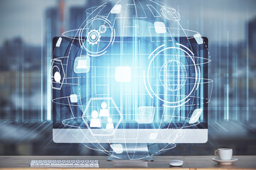 Aufkleber - Computer on desktop with social network theme icon. Multi exposure. Concept of international connections.