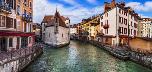 Poster - France travel and landmarks. Romantic beautiful old town of Annecy with colorful houses and canals. Haute-Savoi region