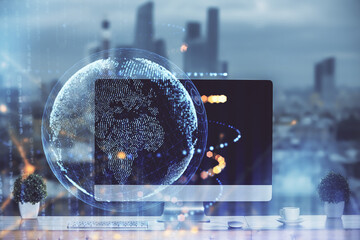 Poster - Multi exposure of table with computer and world map hologram. International data network concept.