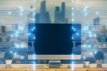 Poster - Computer on desktop in office with technology theme hologram. Multi exposure. Tech concept.