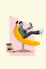 Sticker - Magazine creative template collage of nerd programmer guy sit unique chair banana decor working laptop studying books