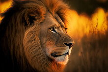 A Sunset Portrait Of A Male Lion. An Intricate Face. Leo Panthera African Wildlife. Tanzania. Generative AI