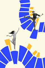 Sticker - Vertical collage picture of two cheerful excited black white colors people dancing blue yellow ukrainian colors isolated on creative background