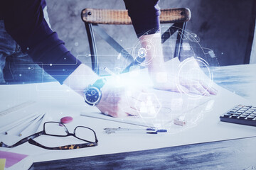 Poster - Man's hands working with notes background. Social networking concept.