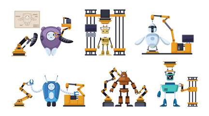 Poster - mechanical arms creating robots vector illustrations set. robotic or automated arms repairing cyborg