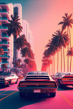 Car And Palm In 80s Style, Retro Background, Granular Texture Illustration Generative AI