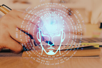 Poster - Haman brain multi exposure icon with man hands background.