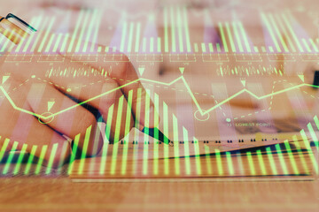 Poster - Writing human hands with data theme multi exposure icons.