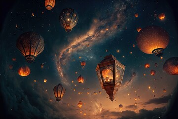  a group of lanterns flying through the sky at night time with a sky background and a spiral of clouds and a spiral of lights in the middle of the sky, with a few lanterns. Generative AI