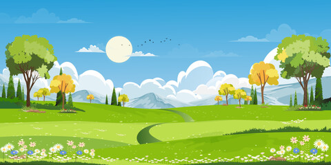 spring green fields landscape with mountain, blue sky and clouds background,panorama peaceful rural 