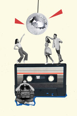 Sticker - Creative banner collage of many small people youngster dance audio cassette record dance disco ball club with male dj boom box