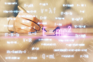 Poster - Science formula hologram over woman's hands taking notes background. Concept of study. Multi exposure