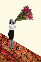 Poster - Banner poster collage of lady marketer talk bullhorn advertise 8 march florist shop sale flower bunch on drawing background