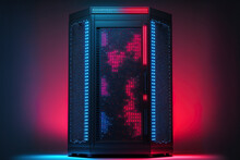 Server Cupboard. Server Rack Is Enclosed By A Perforated Server Cabinet In A Dim, Isolated Area With Red And Blue Lights. Generative AI