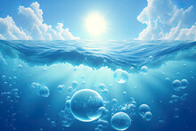 Waves And Bubbles In BLUE UNDER WATER. Beautiful White Clouds On A Blue Sky, A Calm Sea With Sunlight Reflecting Off Of Them, And A Calm Water Surface Create A Peaceful Seascape. Blue Ocean And A Sunn