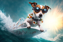 Jack Russell Puppy Surfing On A Wave While On Vacation In The Summer, Wearing Stylish Sunglasses And A Flower Chain. Generative AI