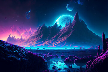 Alien planet landscape, mountains, dark, blue. Generative AI