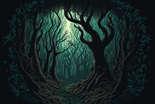 Fantasy Dark Forest With Spooky Trees. Light In The End Of The Path. Generative AI
